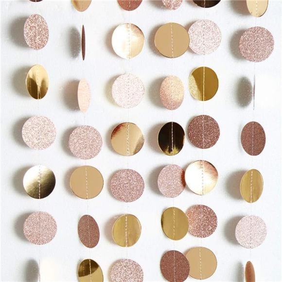 Glitter Champagne Gold Decorations Paper Circle Dots Garland Party Streamers - Picture 2 of 6